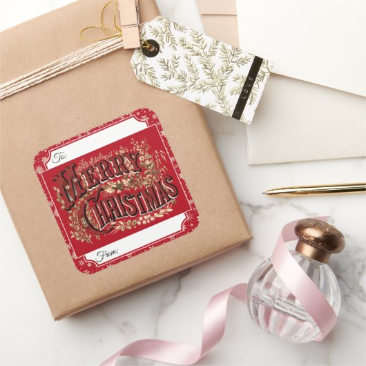 赤ヴィンテージメリークリスマスギフトラベルシール スクエアシール (ギフト)