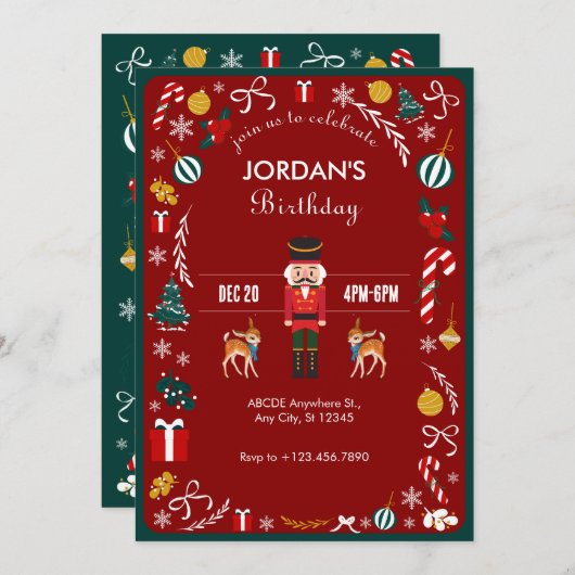 赤ヴィンテージ冬くるみ割りクリスマス誕生日 招待状 (正面/裏面)