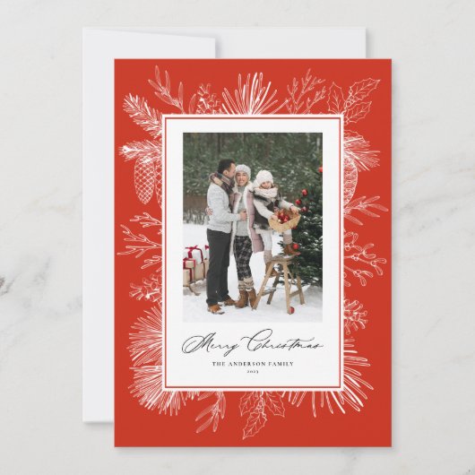 赤ヴィンテージ植物体写真撮影メリークリスマス シーズンカード (正面)