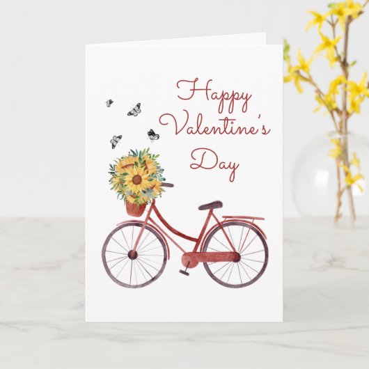 赤ヴィンテージ自転車バレンタインカード カード (黄色い花)