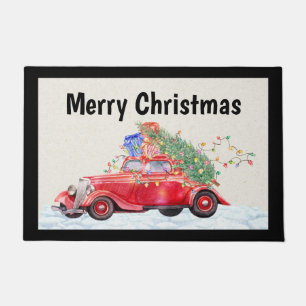 赤ヴィンテージ車クリスマスドアマット ドアマット