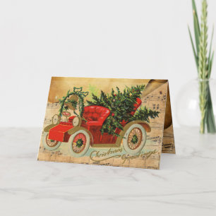 赤ヴィンテージ車、クリスマスツリーとミュージカルノート シーズンカード