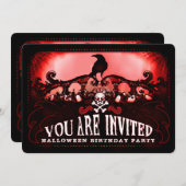 赤不気味と黒のRavenハロウィーン誕生日パーティー 招待状 (正面/裏面)