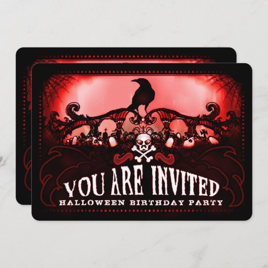 赤不気味と黒のRavenハロウィーン誕生日パーティー 招待状 (正面/裏面)