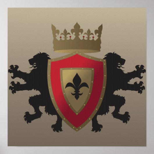 赤中世ライオン紋章ポスター ポスター (正面)