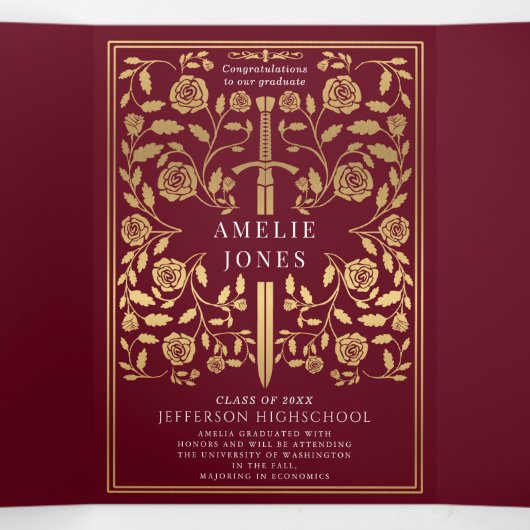 赤中世王室の刀写真卒業パーティー 三つ折り招待状 (内部中)