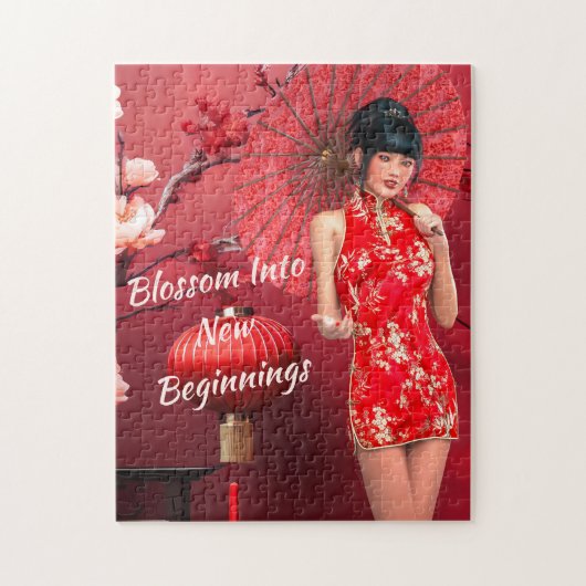 赤中国のい傘を差した年明け娘 ジグソーパズル (縦)