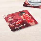 赤中国のい傘を差した年明け娘 スクエアペーパーコースター (アングル)