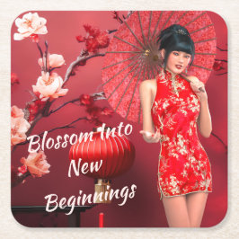 赤中国のい傘を差した年明け娘 スクエアペーパーコースター