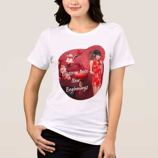 赤中国のい傘を差した年明け娘 トライブレンドＴシャツ (正面)