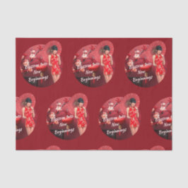 赤中国のい傘を差した年明け娘 薄葉紙