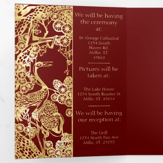 赤中国のの上に浮かぶ結婚金ゴールド 三つ折り案内状 (内部最初)