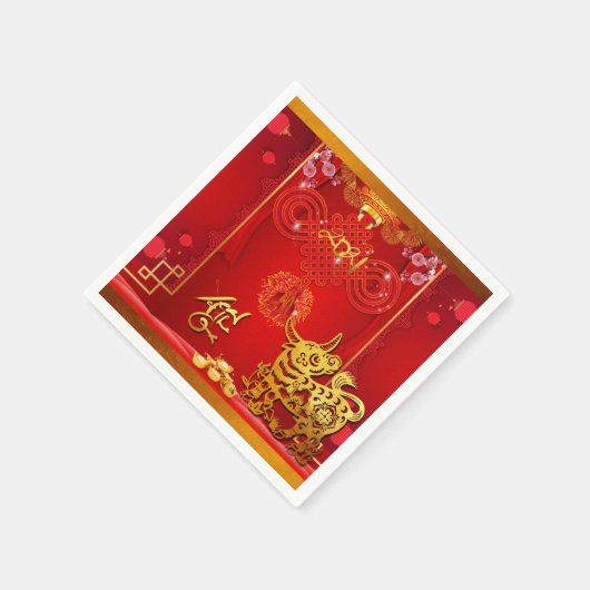 赤中国のノット牛の年2021 PN スタンダードカクテルナプキン (角)