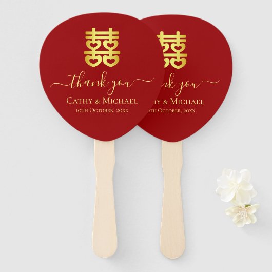赤中国のハート結婚ダブル幸せクラシック ハンドファン (正面&裏面)