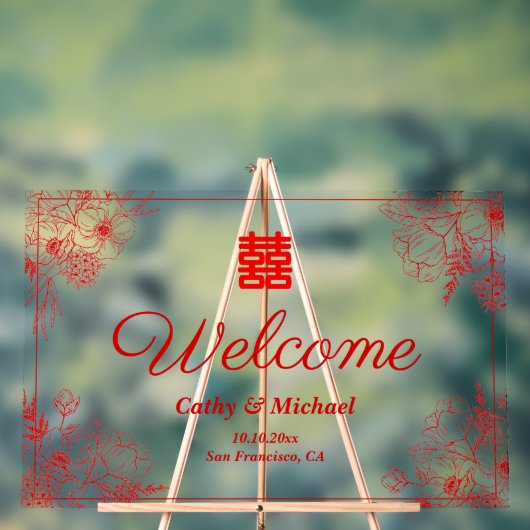 赤中国のフローラ結婚枠オリエンタルウェルカム アクリルサイン (ニュートラル)