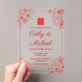 赤中国の結婚ベージュフローラ枠オリエン アクリル招待状 (インサイチュ (ポータブル))