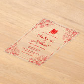 赤中国の結婚ベージュフローラ枠オリエン アクリル招待状 (レイダウン)