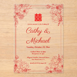 赤中国の結婚ベージュフローラ枠オリエン アクリル招待状