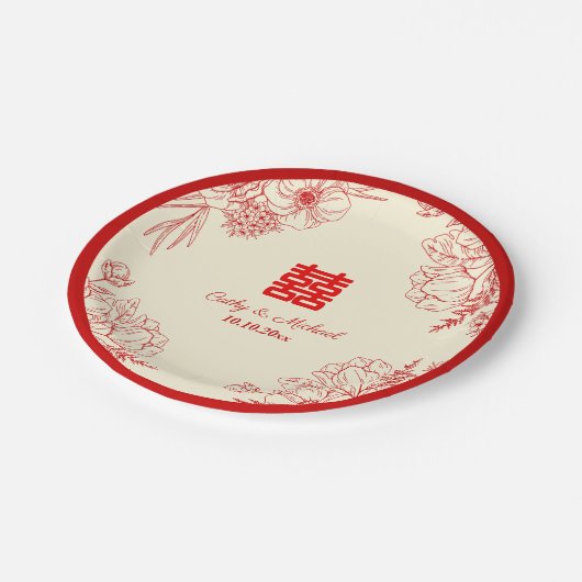 赤中国の結婚ベージュフローラ ペーパープレート (アングル)