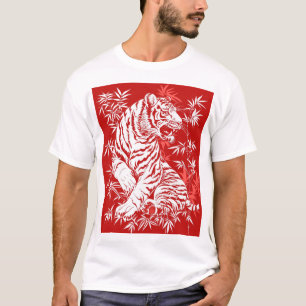 赤中国の背景のタイガーペーパーカットアートプリント Tシャツ