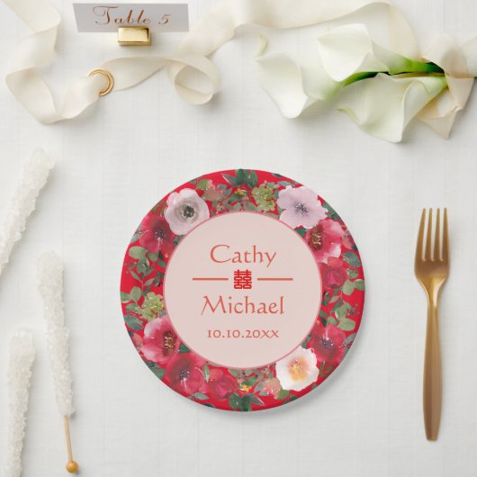 赤丸フローラモダン結婚中国のリース ペーパープレート (ウェディング)