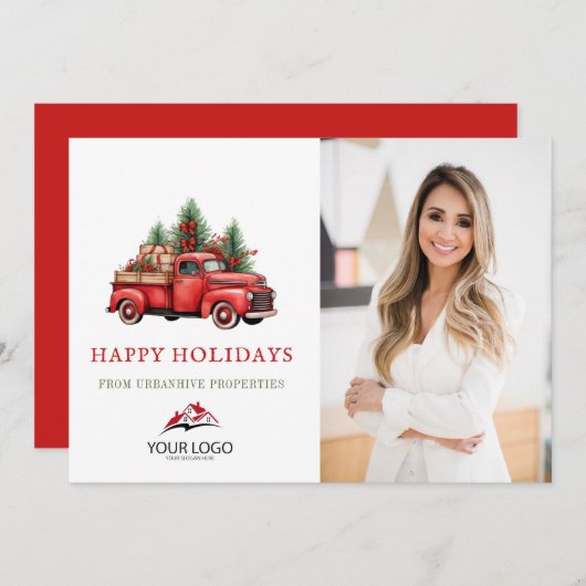 赤企業ののクリスマストラック実在の写真 シーズンカード (正面/裏面)