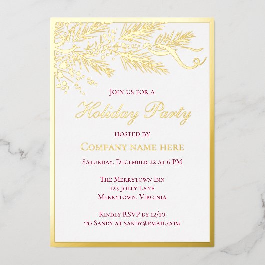 赤企業のエレガントボタニカルホリデーパーティー金ゴールド 箔招待状 (正面)