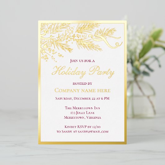 赤企業のエレガントボタニカルホリデーパーティー金ゴールド 箔招待状 (立ち正面)