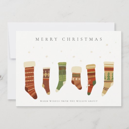 赤企業のエレガント緑のクリスマスストッキング シーズンカード (正面)
