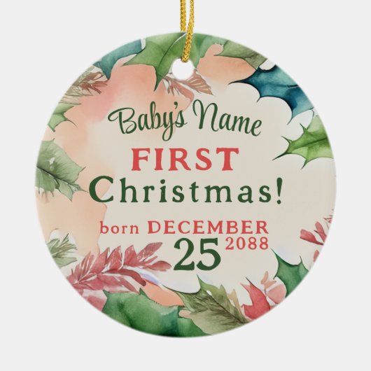 赤伝統的と緑のクリスマスの休日の写真 セラミックオーナメント (正面)