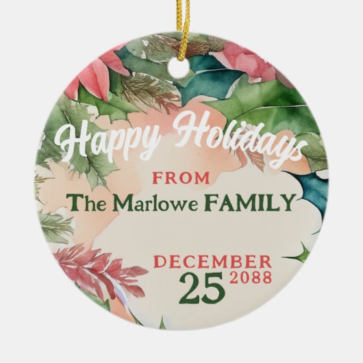 赤伝統的と緑のクリスマスの休日の写真 セラミックオーナメント (正面)