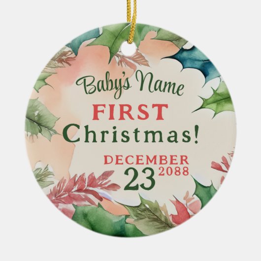 赤伝統的と緑のクリスマスの休日の写真 セラミックオーナメント (正面)