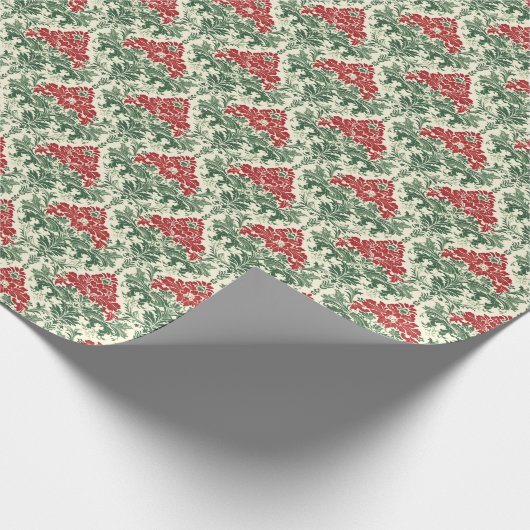 赤伝統的と緑のクリスマスダマスク ラッピングペーパー (角)