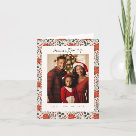 赤伝統的と緑のポインセチア写真クリスマス カード (正面)