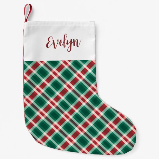赤伝統的と緑の格子縞(名前あり) スモールクリスマスストッキング (正面)