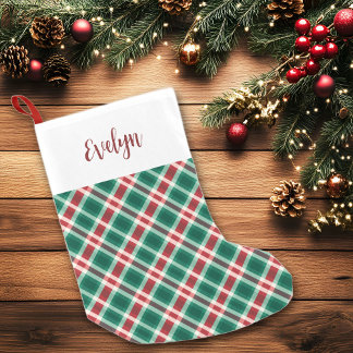 赤伝統的と緑の格子縞（名前あり） スモールクリスマスストッキング