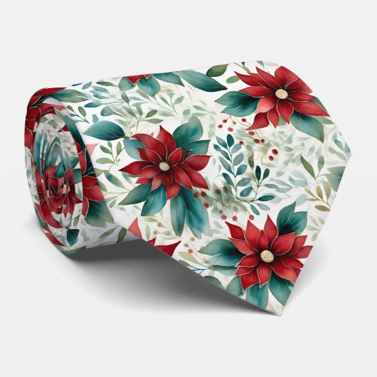 赤伝統的と緑の水色ポインセチア ネクタイ (ロール)