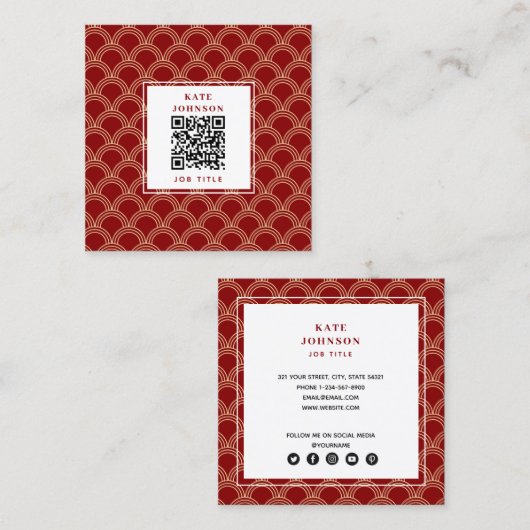 赤伝統的と金ゴールドのパタ中国のーンQRコード スクエア名刺 (正面/裏面)