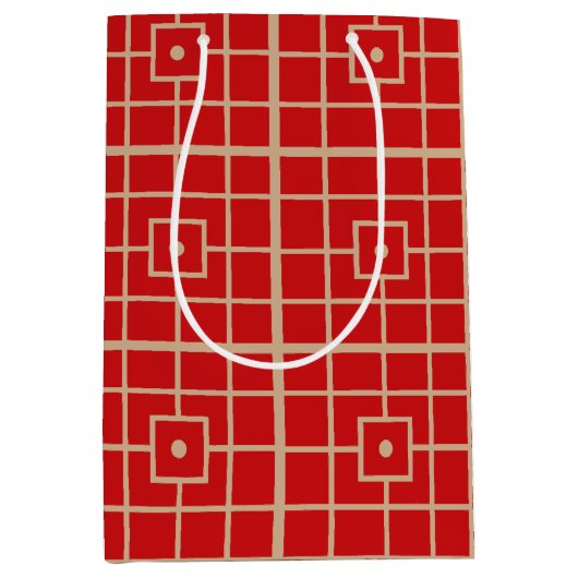 赤伝統的と金ゴールドの幾何中国のパターン ミディアムペーパーバッグ (正面)