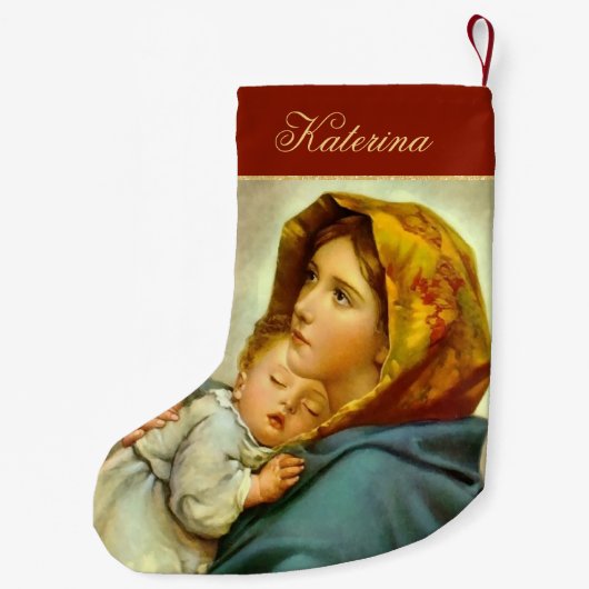 赤伝統的と金ゴールドマドンナと子供の宗教 スモールクリスマスストッキング (裏面)