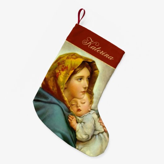 赤伝統的と金ゴールドマドンナと子供の宗教 スモールクリスマスストッキング (正面 (吊り時))