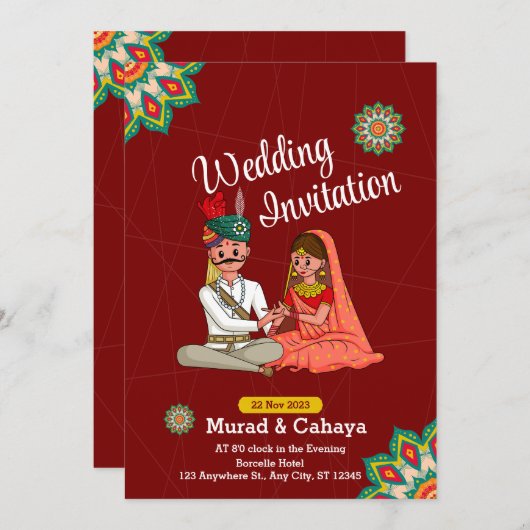 赤伝統的インディアン結婚式招待状カード 招待状 (正面/裏面)