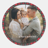 赤伝統的タータンチェックパーソナライズされたクリスマス ラウンドシール (正面)