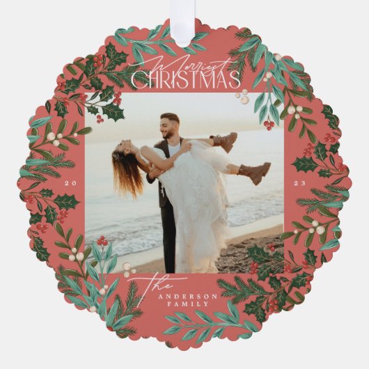 赤伝統的植物系クリスマス写真 オーナメントカード (正面)