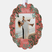 赤伝統的植物系クリスマス写真 オーナメントカード (左)