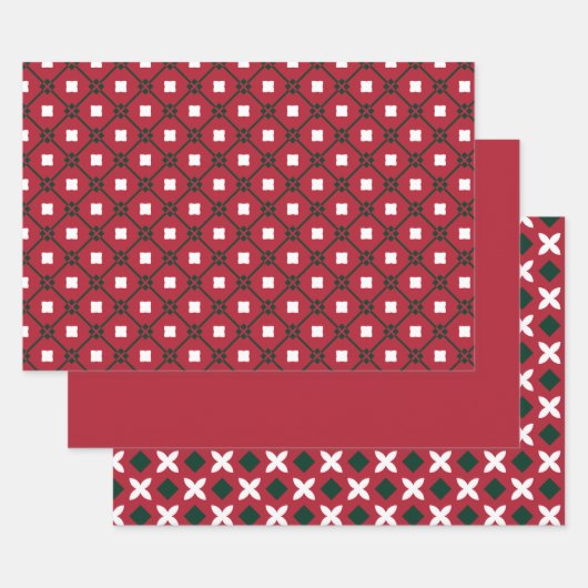 赤伝統的白と緑のパターンと無地の ラッピングペーパーシート (セット)