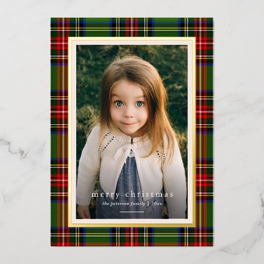 赤伝統的緑の格子模様の聖降誕祭 箔シーズンカード (正面)