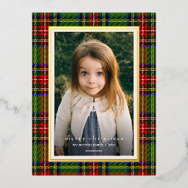 赤伝統的緑の格子模様の聖降誕祭 箔シーズンポストカード