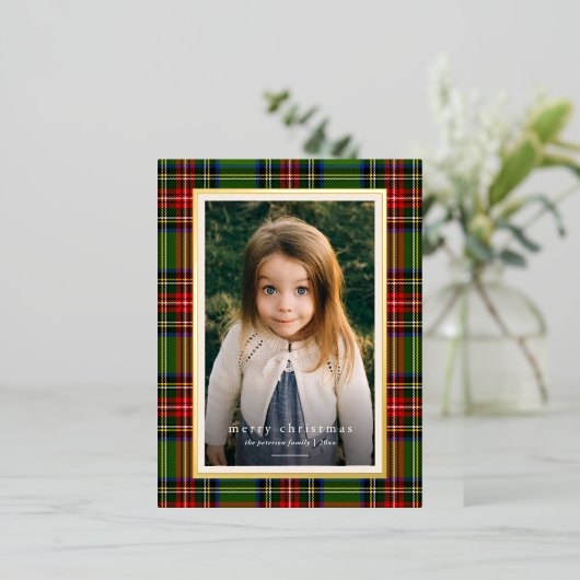 赤伝統的緑の格子模様の聖降誕祭 箔シーズンポストカード (立ち正面)