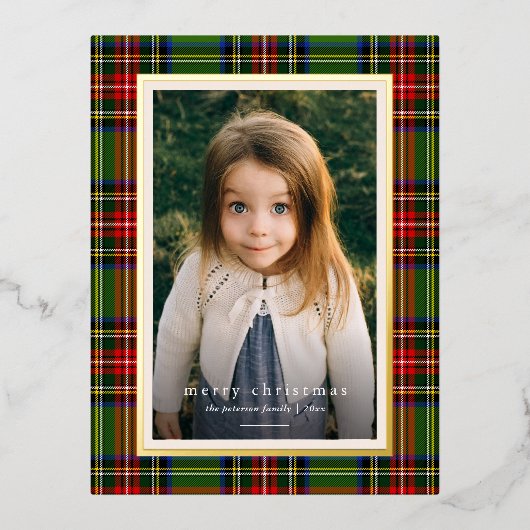赤伝統的緑の格子模様の聖降誕祭 箔シーズンポストカード (正面)